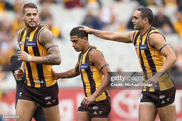 Indigenous players Lance Franklin Bradley Hill and Shaun Burgoyne of the Hawks jog back after the tossing of the coin during the round nine AFL match...