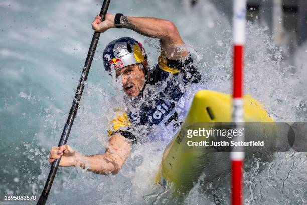 Peter Kauzer of Slovenia competes during the 2023 ICF Canoe Slalom World Championships Men's Kayak Heats at Lee Valley White Water Centre on...