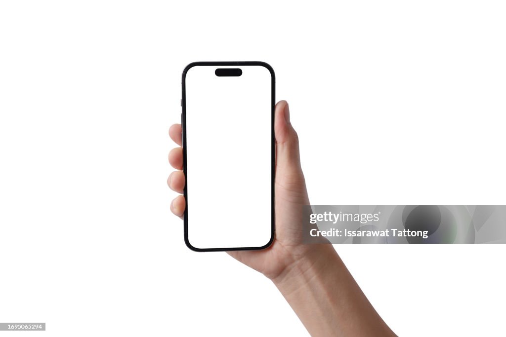 Smartphone mockup, Hands holding smartphone, pointing with finger, clicking play on empty cellphone screen mock-up frame isolated on white background.