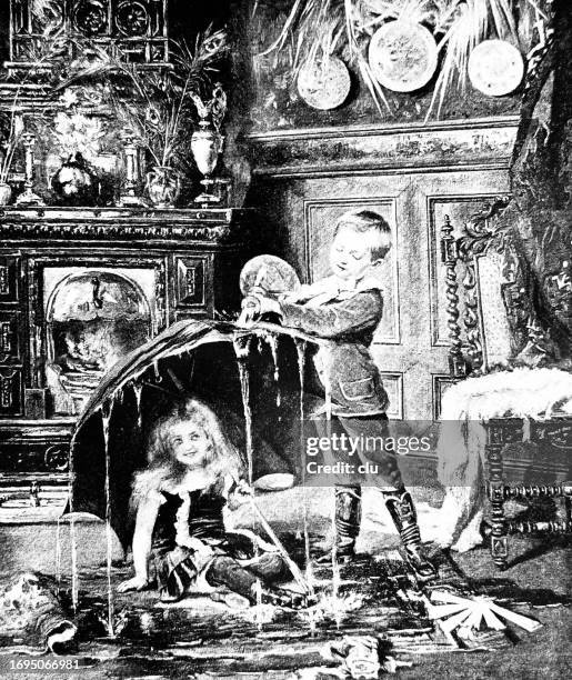 rain in the nursery of the royal household, boy pours water running over the umbrella under which his sister sits - luxury family stock illustrations