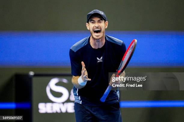 Andy Murray of Great Britain reacts against Alex De Minaur of Australia during day 3 of the 2023 China Open at National Tennis Center on September...