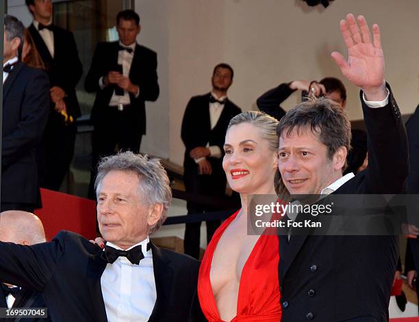 Roman Polanski, Emmanuelle Seigner and Mathieu Amalric arrive at 'Venus In Fur' Premiere during the 66th Annual Cannes Film Festival at Grand Theatre...