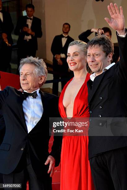 Roman Polanski, Emmanuelle Seigner and Mathieu Amalric arrives at 'Venus In Fur' Premiere during the 66th Annual Cannes Film Festival at Grand...