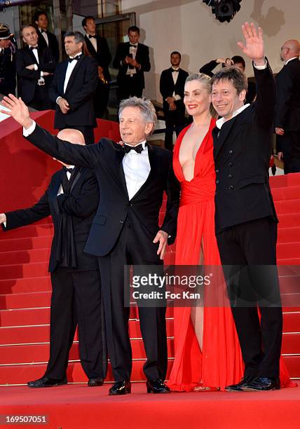 Roman Polanski, Emmanuelle Seigner and Mathieu Amalric arrives at 'Venus In Fur' Premiere during the 66th Annual Cannes Film Festival at Grand...