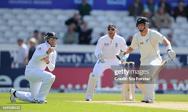 New Zealand batsman Doug Bracewell is caught by Ian Bell as Matt Prior looks on during day three of 2nd Investec Test match between England and New...