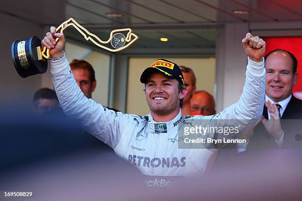Nico Rosberg of Germany and Mercedes GP celebrates after winning the Monaco Formula One Grand Prix at the Circuit de Monaco on May 26, 2013 in...