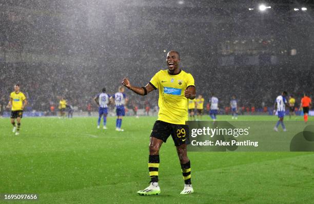 Djibril Sidibe of AEK Athens celebrates victory during the UEFA Europa League 2023/24 group stage match between Brighton & Hove Albion and AEK Athens...