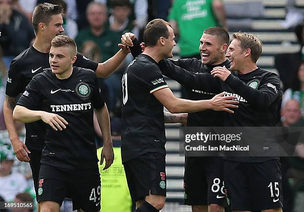 Gary Hooper of Celtic celebrates after he scores the second goal during the William Hill Scottish Cup Final match between Celtic and Hibernian at...