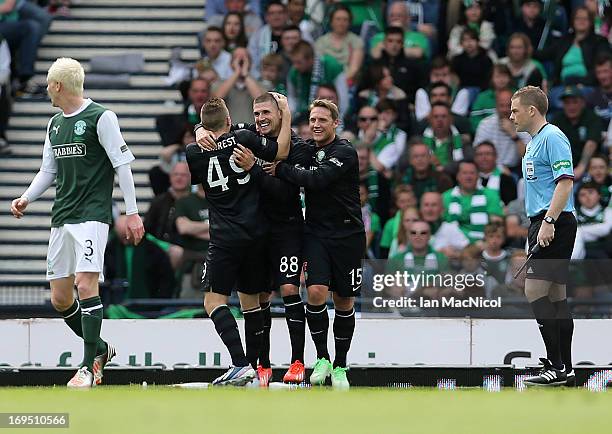 Gary Hooper of Celtic celebrates after he scores the second goal during the William Hill Scottish Cup Final match between Celtic and Hibernian at...