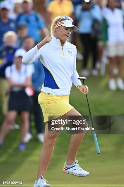 Vice Captain Anna Nordqvist of Team Europe reacts to a birdie putt on the sixth green during Day One of The Solheim Cup at Finca Cortesin Golf Club...