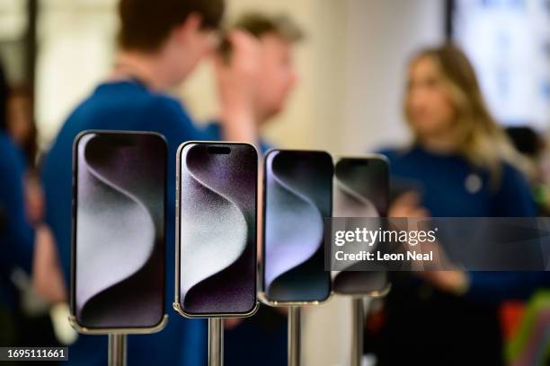 IPhone 15 handsets go on sale at the Apple Store on September 22, 2023 in London, England. After Apple's announcement of the iPhone 15 series on...