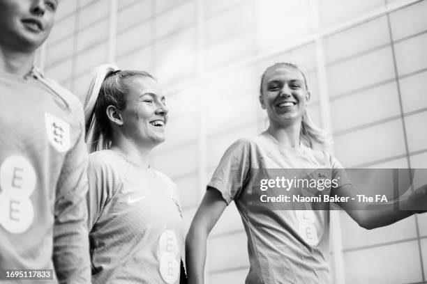 Lauren Hemp and Esme Morgan of England during a training session at St George's Park on September 21, 2023 in Burton upon Trent, England.