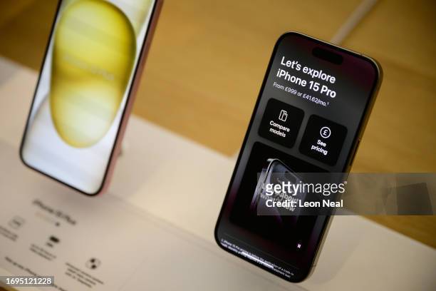 IPhone 15 handsets on display at the Apple Store on September 22, 2023 in London, England. After Apple's announcement of the iPhone 15 series on...