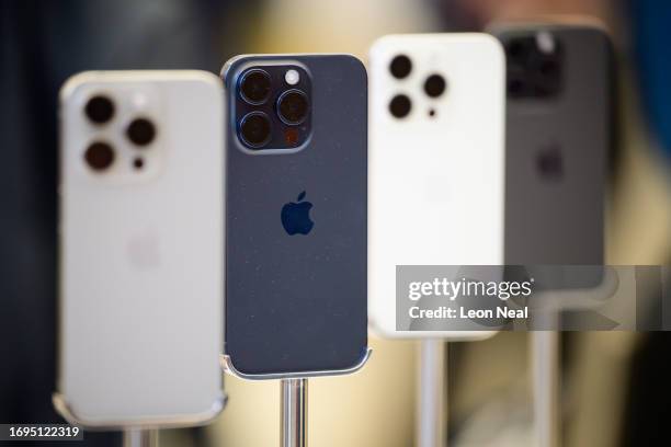 IPhone 15 handsets are on display as they go on sale at the Apple Store on September 22, 2023 in London, England. After Apple's announcement of the...