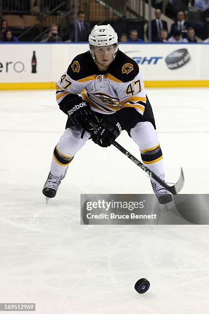 Torey Krug of the Boston Bruins in action against the New York Rangers in Game Three of the Eastern Conference Semifinals during the 2013 NHL Stanley...