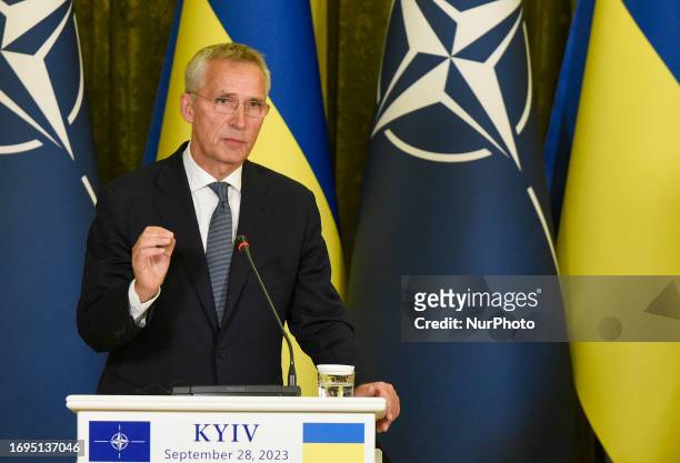 Secretary General Jens Stoltenberg is pictured during a joint meeting with the press with President of Ukraine Volodymyr Zelenskyy following their...