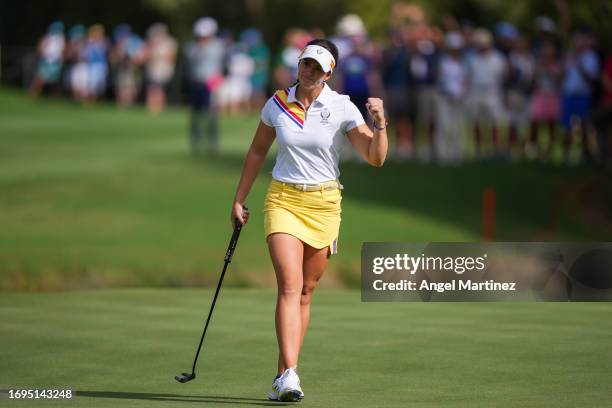 Linn Grant of Team Europe reacts to a putt on the 13th green during Day One of The Solheim Cup at Finca Cortesin Golf Club on September 22, 2023 in...