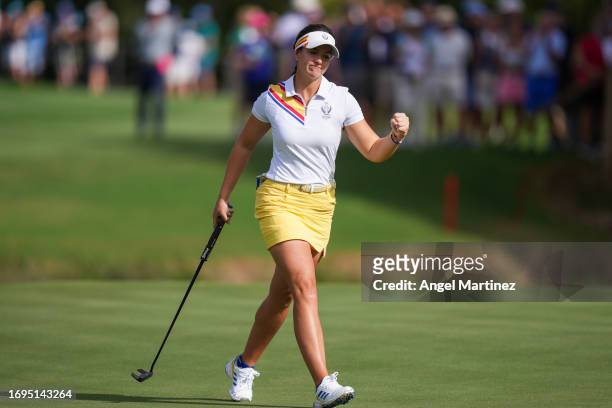 Linn Grant of Team Europe reacts to a putt on the 13th green during Day One of The Solheim Cup at Finca Cortesin Golf Club on September 22, 2023 in...