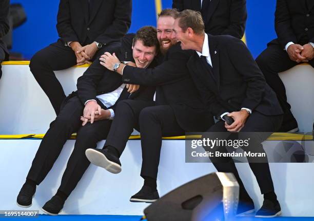 Rome , Italy - 28 September 2023; Robert MacIntyre, left, Shane Lowry and vice-captain Nicolas Colsaerts during the opening ceremony of the 2023...