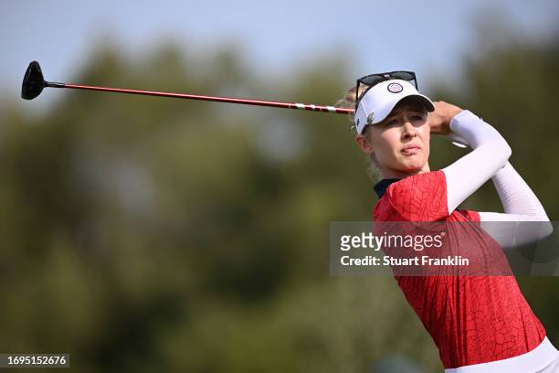 Nelly Korda of Team USA hits a tee shot on the 13th hole during Day One of The Solheim Cup at Finca Cortesin Golf Club on September 22, 2023 in...