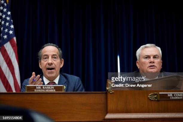 Chairman of the House Oversight Committee Rep. James Comer looks on as Ranking Member Rep. Jamie Raskin delivers remarks during a Committee hearing...