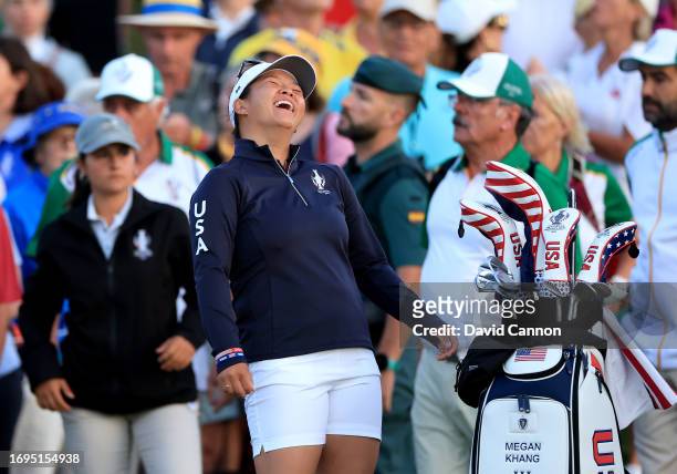 Megan Khang of The United States enjoys a light hearted moment on the first hole in her match with Lexi Thompson against Maja Stark and Linn Grant of...