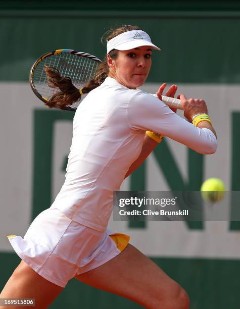 Galina Voskoboeva of Kazakhstan plays a backhand during her women's singles match against Grace Min of the United States during day one of the French...