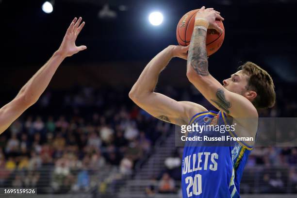 Nathan Sobey of the Bullets shoots during the 2023 NBL Blitz match between Sydney Kings and Brisbane Bullets at Gold Coast Convention and Exhibition...