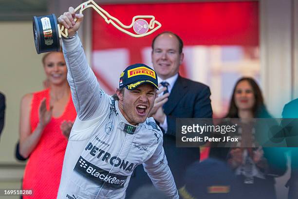 Nico Rosberg of Germany and Mercedes celebrates winning the Monaco Formula One Grand Prix at the Circuit de Monaco on May 26, 2013 in Monte-Carlo,...
