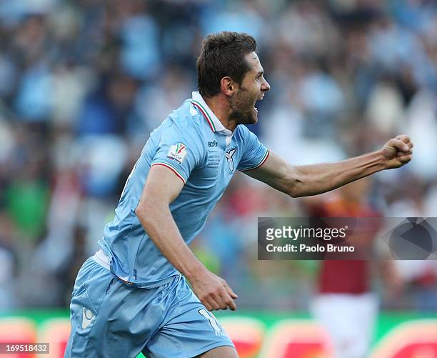 Senad Lulic of SS Lazio celebrates after scoring the opening goal during the TIM cup final match between AS Roma v SS Lazio at Stadio Olimpico on May...