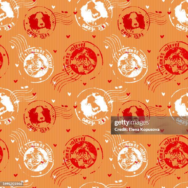 postage stamp with original drawings of a spaniel dog and a boxer dog on a cardboard background with hearts. seamless background - letter to a friend, seal, stamp. the concept of friendship, love and fidelity. - spaniel stock illustrations