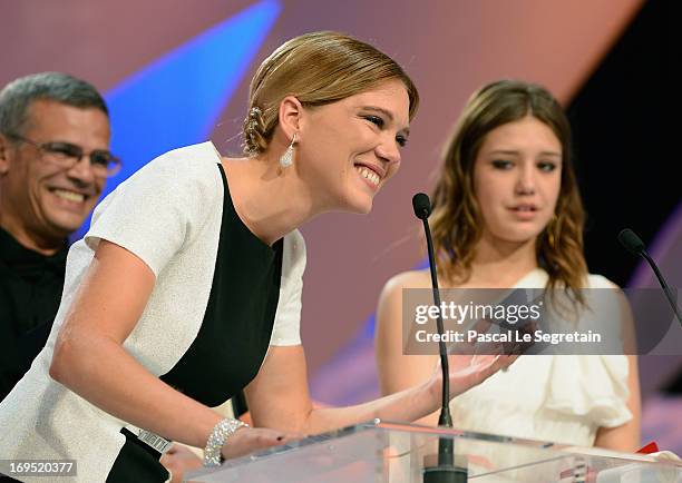 Actress Lea Seydoux speaks on stage after 'La Vie D'adele' receives the Palme D'or' at the Inside Closing Ceremony during the 66th Annual Cannes Film...