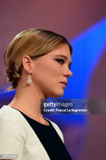 Actress Lea Seydoux on stage after 'La Vie D'adele' receives the Palme D'or' at the Inside Closing Ceremony during the 66th Annual Cannes Film...