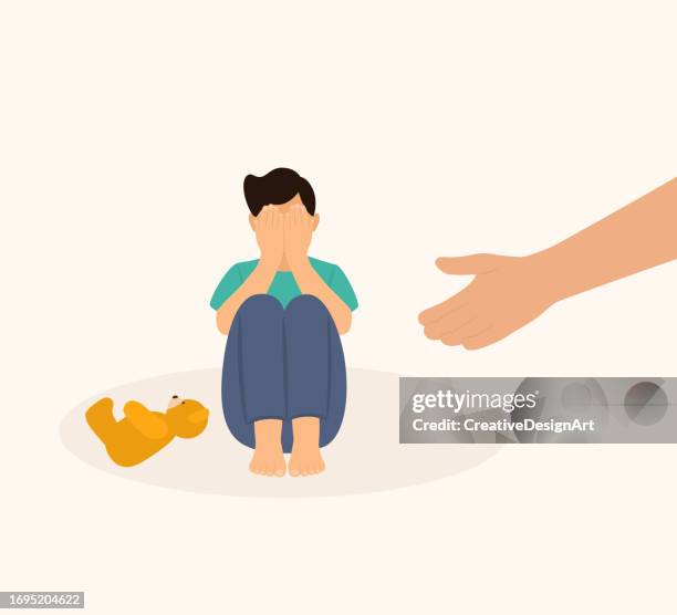 human hand helping sad, lonely child. little boy crying and covering his face with his hands. childhood problems, insecurity and loneliness concept - scared child stock illustrations