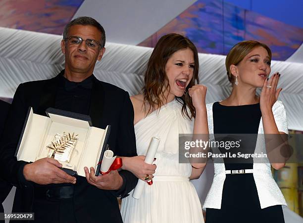 Director Abdellatif Kechiche, actresses Adele Exarchopoulos and Lea Seydoux speak on stage after 'La Vie D'adele' receives the Palme D'or' at the...