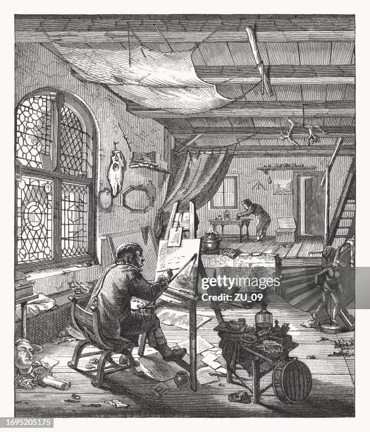 the painter in his workshop, painted by adriaen van ostade - creative design studio stock illustrations