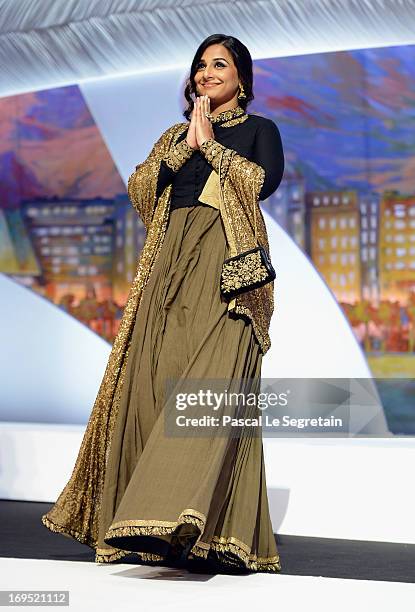 Jury member Vidya Balan arrives on stage at the Inside Closing Ceremony during the 66th Annual Cannes Film Festival at the Palais des Festivals on...