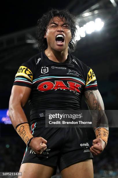Brian To'o of the Panthers celebrates after scoring a try during the NRL Preliminary Final match between the Penrith Panthers and Melbourne Storm at...