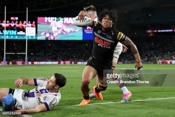 Brian To'o of the Panthers celebrates after scoring a try during the NRL Preliminary Final match between the Penrith Panthers and Melbourne Storm at...
