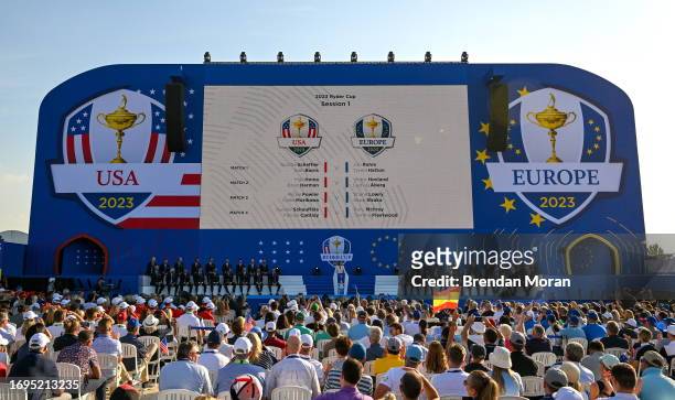 Rome , Italy - 28 September 2023; The big screen shows the morning pairings for the first matches in the 2023 Ryder Cup during the opening ceremony...