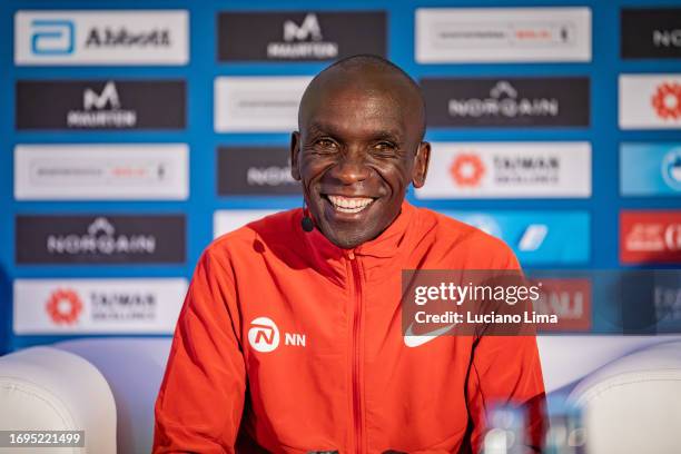 Eliud Kipchoge from Kenya smiles during the press conference ahead of the 2023 BMW Berlin-Marathon on September 22, 2023 in Berlin, Germany.