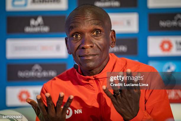 Eliud Kipchoge from Kenya gesticulates during the press conference ahead of the 2023 BMW Berlin-Marathon on September 22, 2023 in Berlin, Germany.