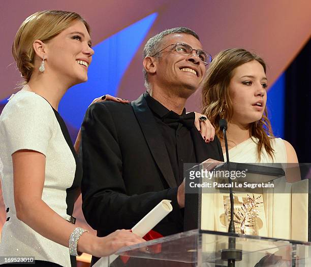 Actress Lea Seydoux, director Abdellatif Kechiche and actress Adele Exarchopoulos speak on stage after 'La Vie D'adele' receives the Palme D'or' at...