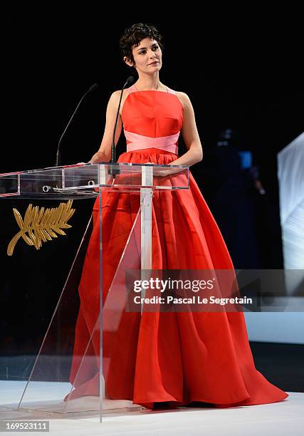 Actress and mistress of ceremonies at the Cannes Film Festival Audrey Tautou speaks on stage at the Inside Closing Ceremony during the 66th Annual...