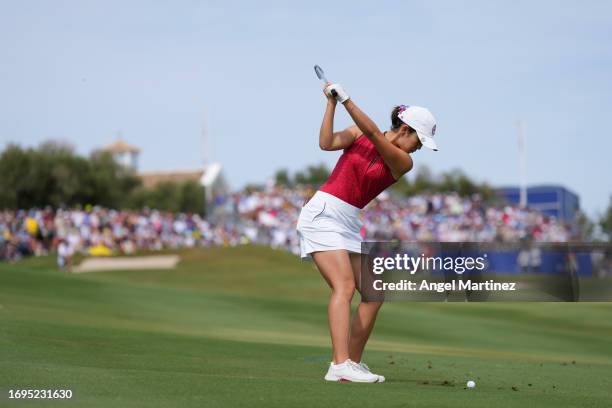 Andrea Lee of Team USA hits from the 18th fairway during Day One of The Solheim Cup at Finca Cortesin Golf Club on September 22, 2023 in Casares,...