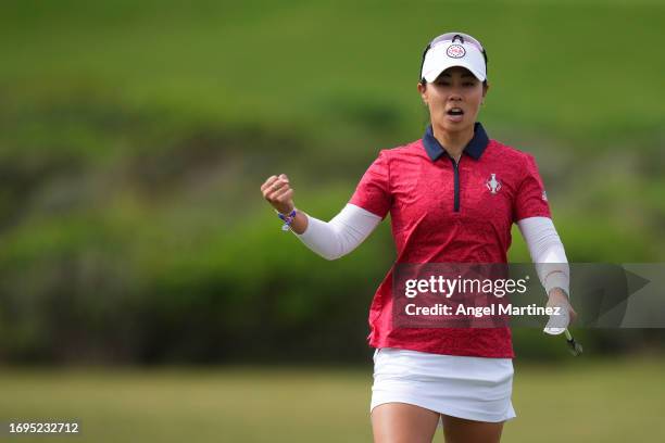 Danielle Kang of Team USA reacts on the 17th green during Day One of The Solheim Cup at Finca Cortesin Golf Club on September 22, 2023 in Casares,...