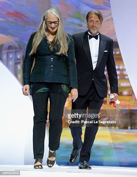 Director Jane Campion, president of the Cinefondation and short film jury and actor Mads Mikkelsen arrive on stage at the Inside Closing Ceremony...