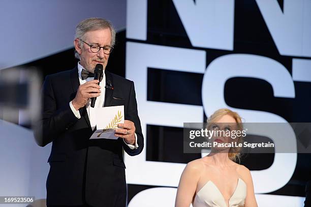 President of the Feature Film Jury Steven Spielberg speaks as jury member Nicole Kidman looks on at the Closing Ceremony during the 66th Annual...