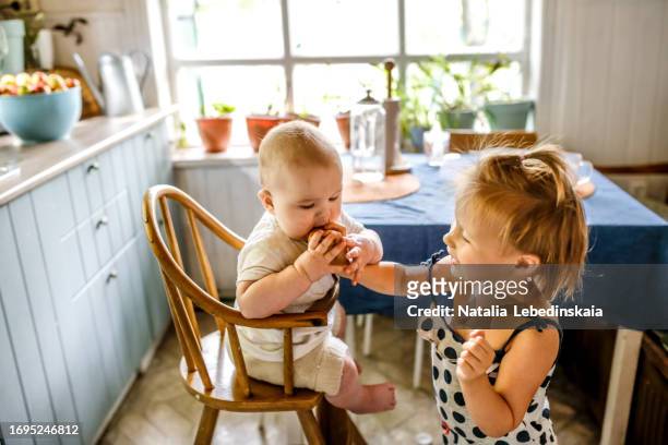 sweet sibling moment: little sister feeds baby an apple at home - sisters feeding stockfoto's en -beelden