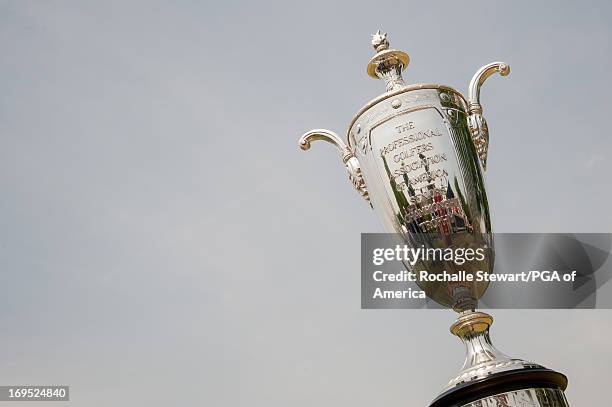 The Alfred Bourne trophy is displayed on the first tee during the final round of the 74th Senior PGA Championship presented by KitchenAid, at...